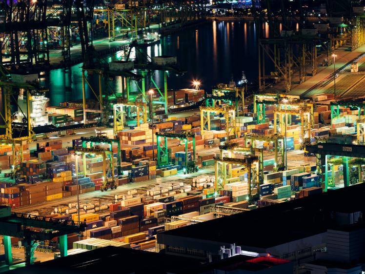 night time shot of a a busy cargo bay